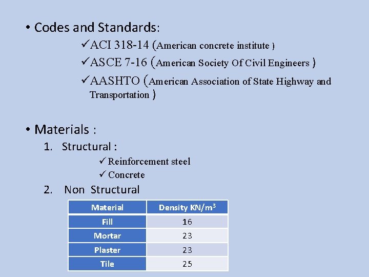  • Codes and Standards: üACI 318 -14 (American concrete institute ) üASCE 7