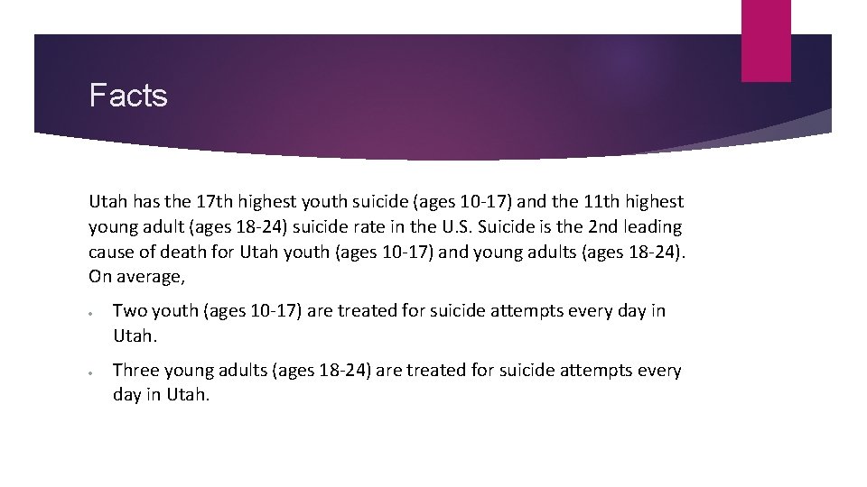 Facts Utah has the 17 th highest youth suicide (ages 10 -17) and the