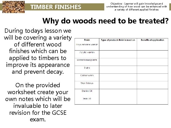 TIMBER FINISHES Objective - Learner will gain knowledge and understanding of how wood can