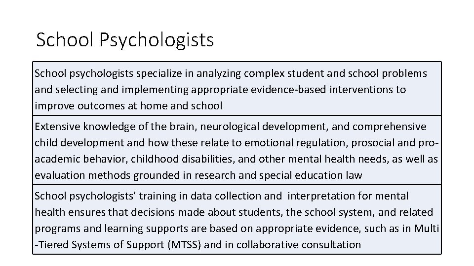 School Psychologists School psychologists specialize in analyzing complex student and school problems and selecting