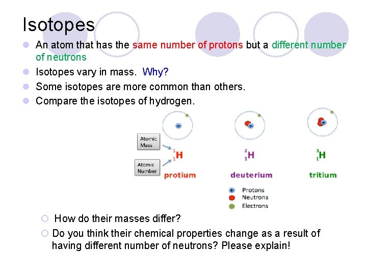 Isotopes l An atom that has the same number of protons but a different Isotopes l An atom that has the same number of protons but a different