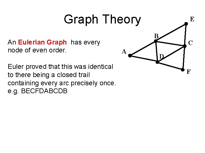 Graph Theory An Eulerian Graph has every node of even order. Euler proved that