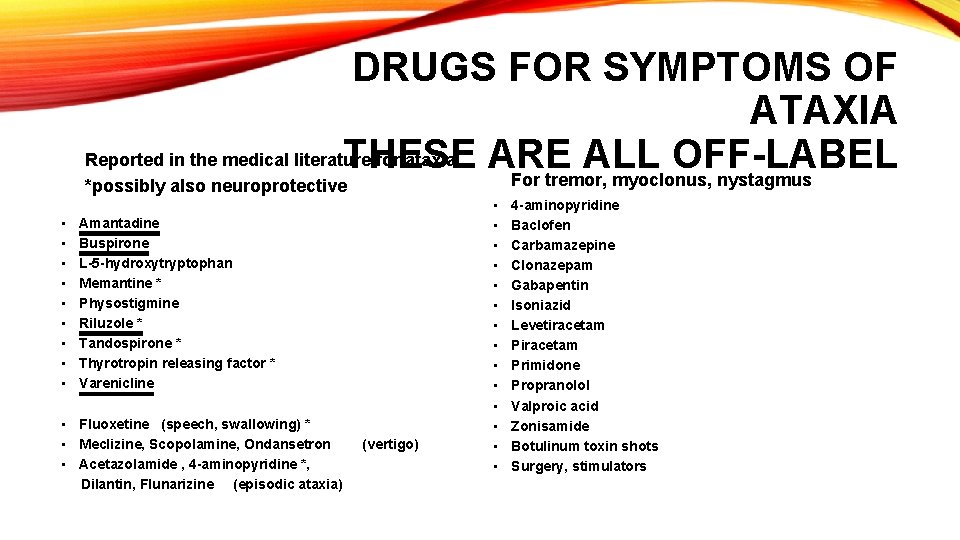 DRUGS FOR SYMPTOMS OF ATAXIA Reported in the medical literature for ataxia THESE ARE DRUGS FOR SYMPTOMS OF ATAXIA Reported in the medical literature for ataxia THESE ARE