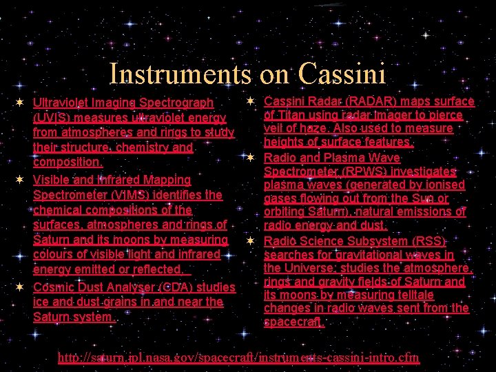 Instruments on Cassini ¬ Cassini Radar (RADAR) maps surface ¬ Ultraviolet Imaging Spectrograph of