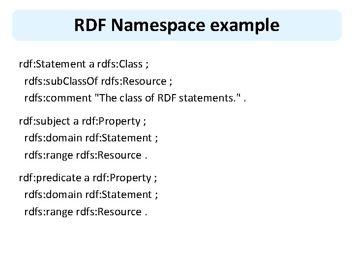 RDF Namespace example rdf: Statement a rdfs: Class ; rdfs: sub. Class. Of rdfs: