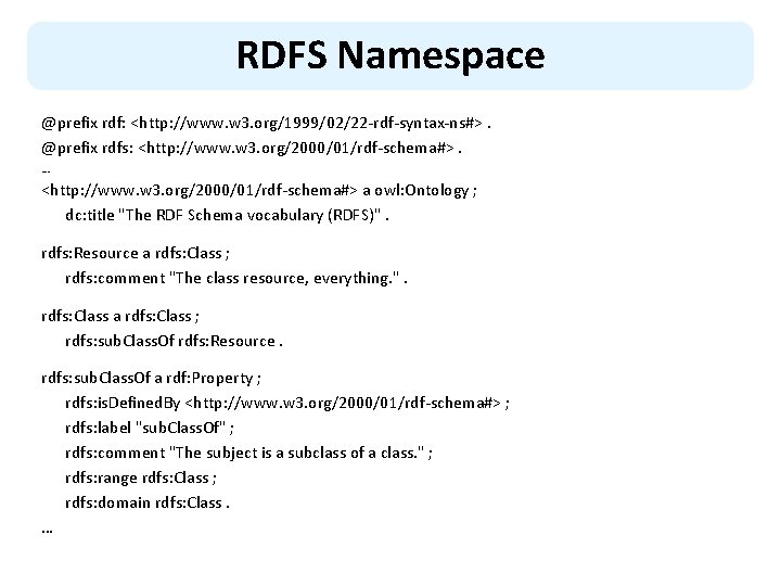 RDFS Namespace @prefix rdf: <http: //www. w 3. org/1999/02/22 -rdf-syntax-ns#>. @prefix rdfs: <http: //www.