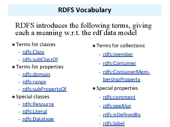 RDFS Vocabulary RDFS introduces the following terms, giving each a meaning w. r. t.