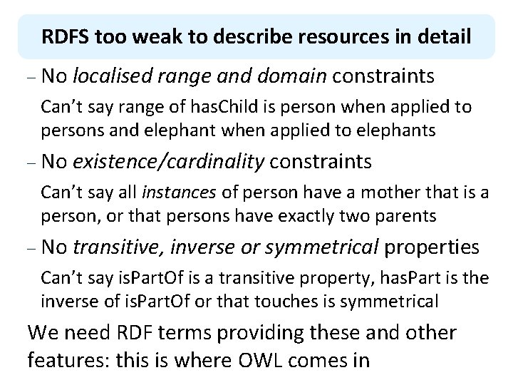 RDFS too weak to describe resources in detail – No localised range and domain