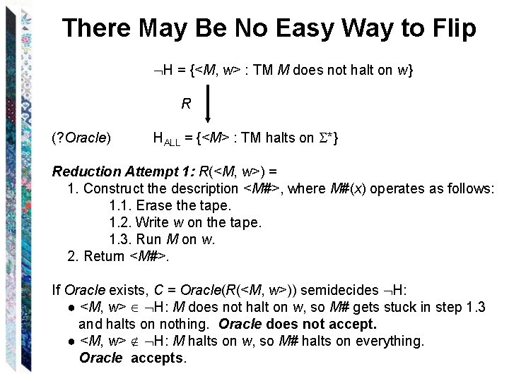 There May Be No Easy Way to Flip H = {<M, w> : TM