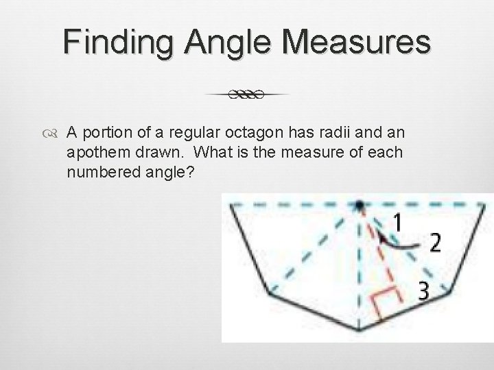 Finding Angle Measures A portion of a regular octagon has radii and an apothem