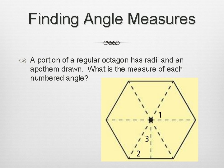 Finding Angle Measures A portion of a regular octagon has radii and an apothem