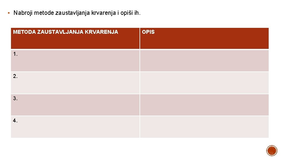 § Nabroji metode zaustavljanja krvarenja i opiši ih. METODA ZAUSTAVLJANJA KRVARENJA 1. 2. 3.