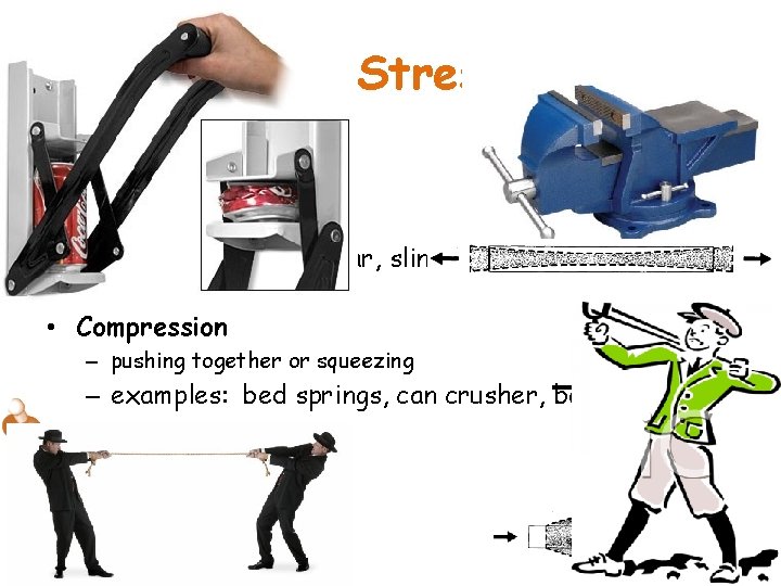 Types of Stresses/Forces • Tension – pulling – examples: tug-of-war, slingshot • Compression –