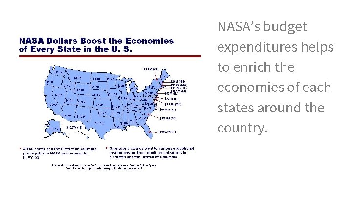 NASA’s budget expenditures helps to enrich the economies of each states around the country.