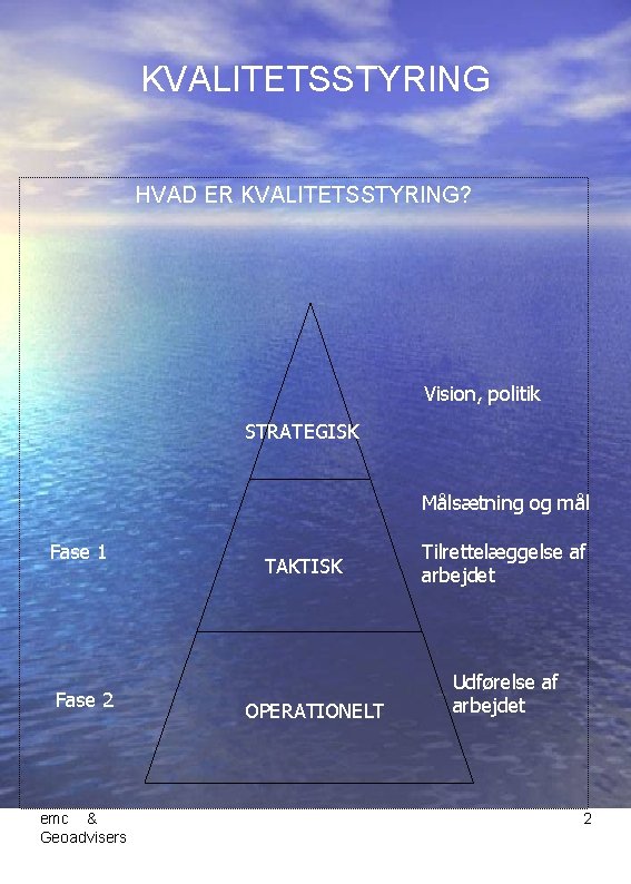 KVALITETSSTYRING HVAD ER KVALITETSSTYRING? Vision, politik STRATEGISK Målsætning og mål Fase 1 Fase 2