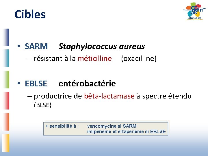 Cibles • SARM Staphylococcus aureus – résistant à la méticilline (oxacilline) • EBLSE entérobactérie