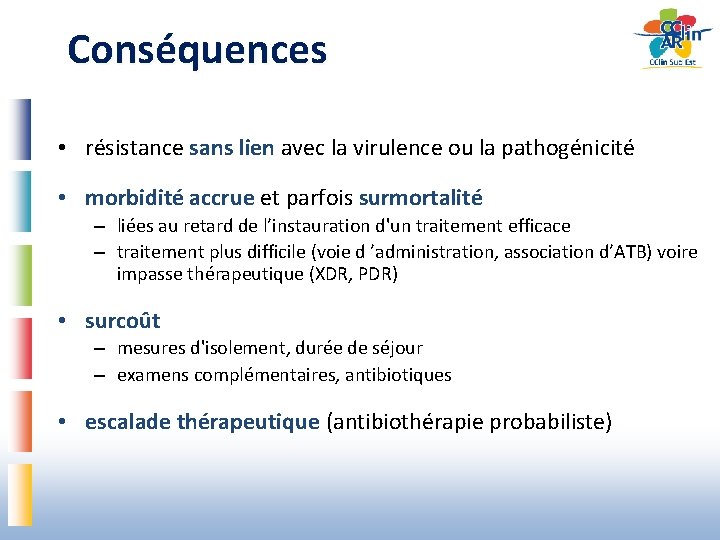 Conséquences • résistance sans lien avec la virulence ou la pathogénicité • morbidité accrue