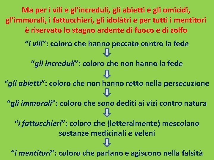 Ma per i vili e gl'increduli, gli abietti e gli omicidi, gl'immorali, i fattucchieri,