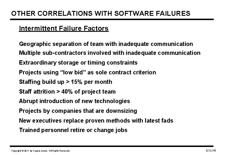 OTHER CORRELATIONS WITH SOFTWARE FAILURES Intermittent Failure Factors Geographic separation of team with inadequate