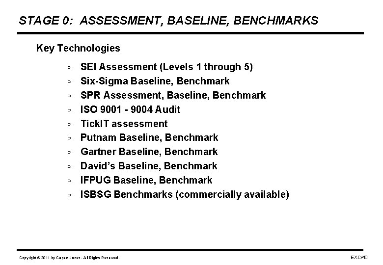 STAGE 0: ASSESSMENT, BASELINE, BENCHMARKS Key Technologies > > > > > SEI Assessment