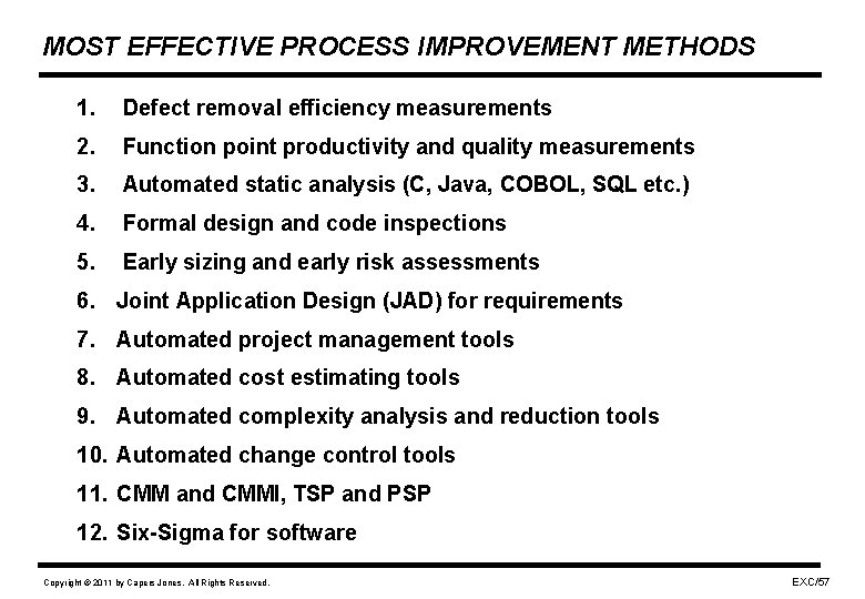 MOST EFFECTIVE PROCESS IMPROVEMENT METHODS 1. Defect removal efficiency measurements 2. Function point productivity