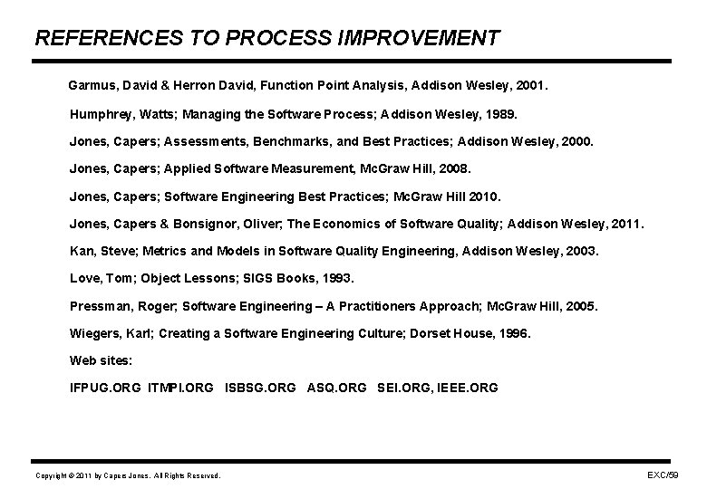 REFERENCES TO PROCESS IMPROVEMENT Garmus, David & Herron David, Function Point Analysis, Addison Wesley,