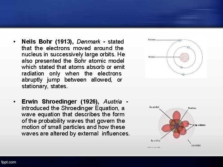  • Neils Bohr (1913), Denmark - stated that the electrons moved around the