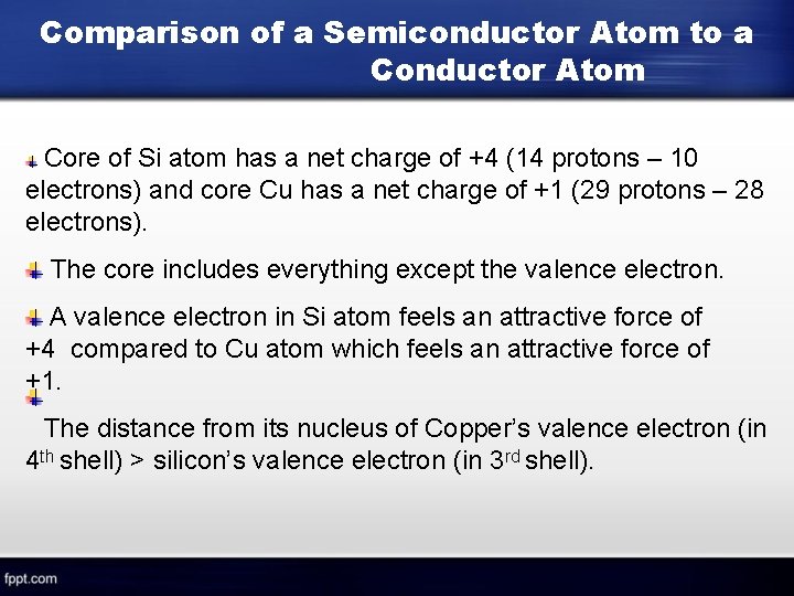Comparison of a Semiconductor Atom to a Conductor Atom Core of Si atom has