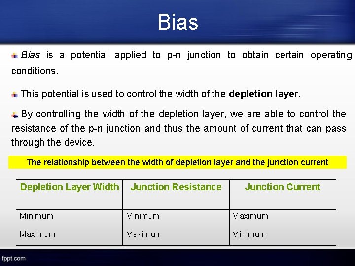 Bias is a potential applied to p-n junction to obtain certain operating conditions. This