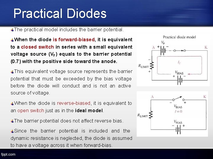 Practical Diodes The practical model includes the barrier potential. When the diode is forward-biased,