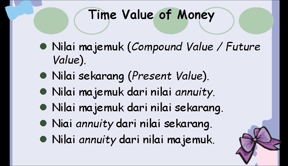 Time Value of Money l Nilai majemuk (Compound Value / Future Value). l Nilai