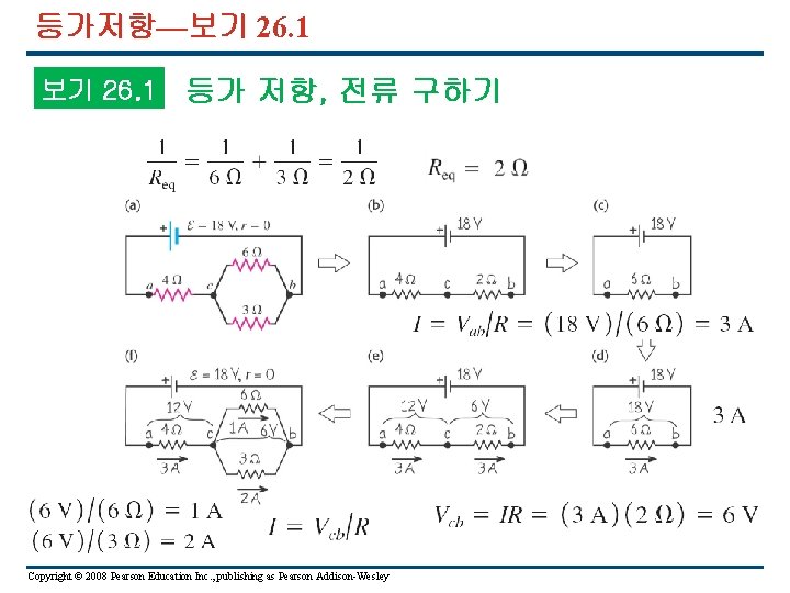 등가저항—보기 26. 1 등가 저항, 전류 구하기 Copyright © 2008 Pearson Education Inc. ,