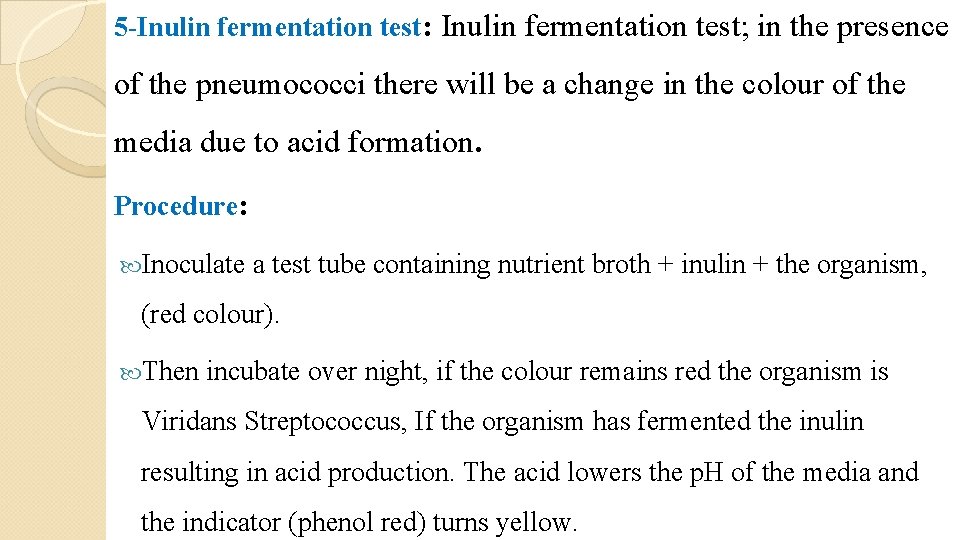 5 -Inulin fermentation test: Inulin fermentation test; in the presence of the pneumococci there 5 -Inulin fermentation test: Inulin fermentation test; in the presence of the pneumococci there