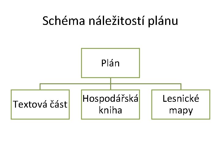 Schéma náležitostí plánu Plán Textová část Hospodářská kniha Lesnické mapy 