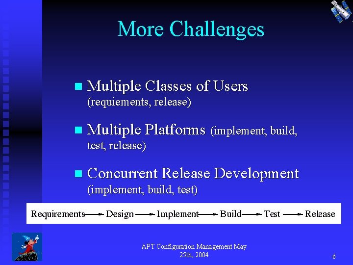 More Challenges n Multiple Classes of Users (requiements, release) n Multiple Platforms (implement, build,