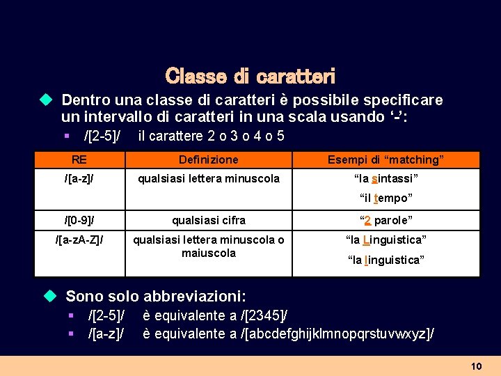 Classe di caratteri u Dentro una classe di caratteri è possibile specificare un intervallo