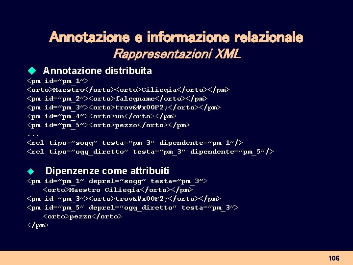 Annotazione e informazione relazionale Rappresentazioni XML u Annotazione distribuita <pm id=”pm_1”> <orto>Maestro</orto><orto>Ciliegia</orto></pm> <pm id=”pm_2”><orto>falegname</orto></pm>