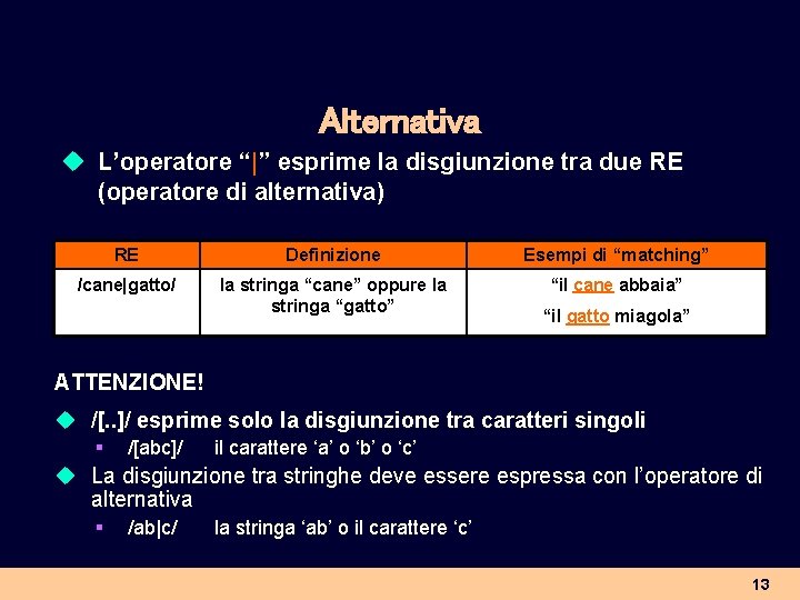 Alternativa u L’operatore “|” esprime la disgiunzione tra due RE (operatore di alternativa) RE