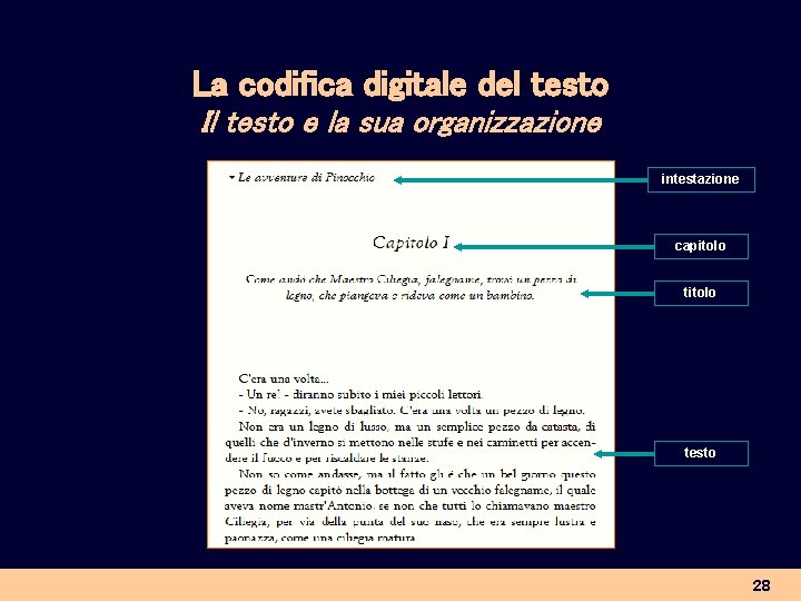 La codifica digitale del testo Il testo e la sua organizzazione intestazione capitolo testo