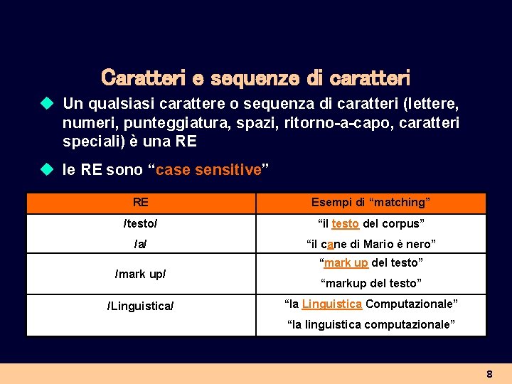 Caratteri e sequenze di caratteri u Un qualsiasi carattere o sequenza di caratteri (lettere,