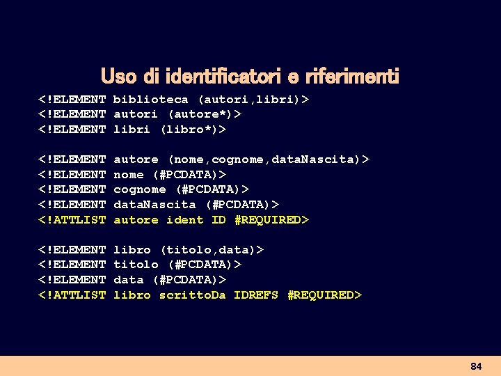 Uso di identificatori e riferimenti <!ELEMENT biblioteca (autori, libri)> <!ELEMENT autori (autore*)> <!ELEMENT libri