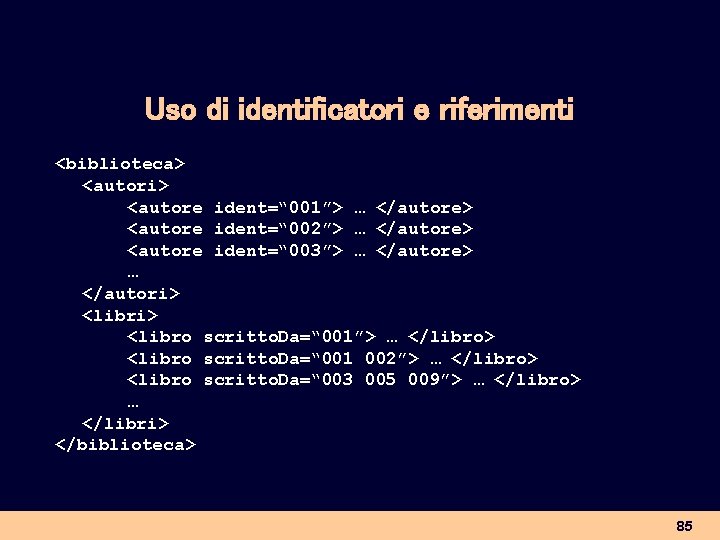 Uso di identificatori e riferimenti <biblioteca> <autori> <autore ident=“ 001”> … </autore> <autore ident=“