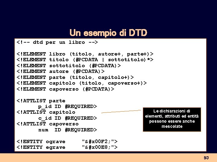 Un esempio di DTD <!-- dtd per un libro --> <!ELEMENT libro (titolo, autore+,