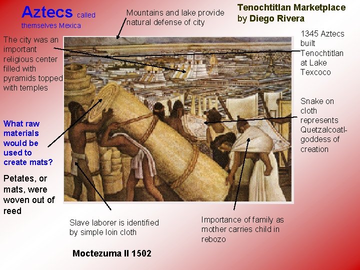 Aztecs called themselves Mexica Mountains and lake provide natural defense of city Tenochtitlan Marketplace