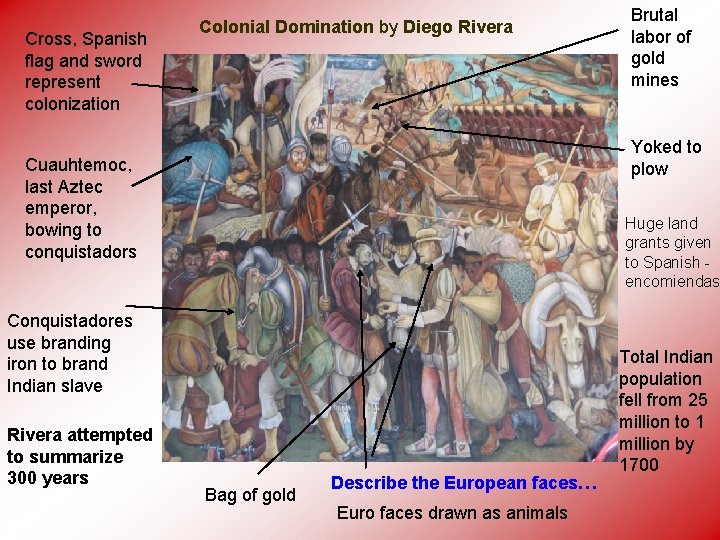 Cross, Spanish flag and sword represent colonization Colonial Domination by Diego Rivera Yoked to