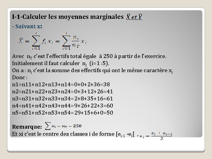 I-1 -Calculer les moyennes marginales - Suivant x: Avec n. T c’est l’effectifs total