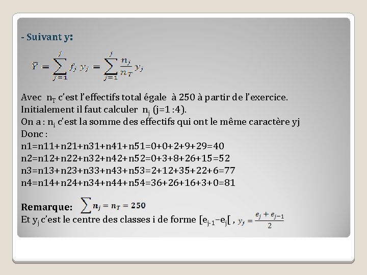 - Suivant y: Avec n. T c’est l’effectifs total égale à 250 à partir