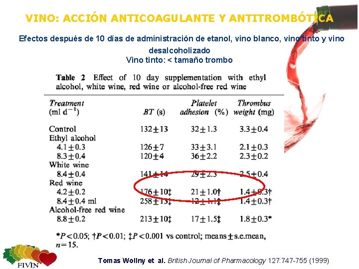 VINO: ACCIÓN ANTICOAGULANTE Y ANTITROMBÓTICA Efectos después de 10 días de administración de etanol,