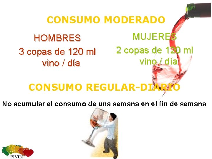 CONSUMO MODERADO HOMBRES 3 copas de 120 ml vino / día MUJERES 2 copas