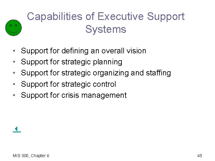 Capabilities of Executive Support Systems • • • Support for defining an overall vision
